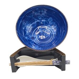 SH Home Cobalt Blue Swirl Flower Ceramic Ramen Noodle Bowl Set Chopsticks Spoon